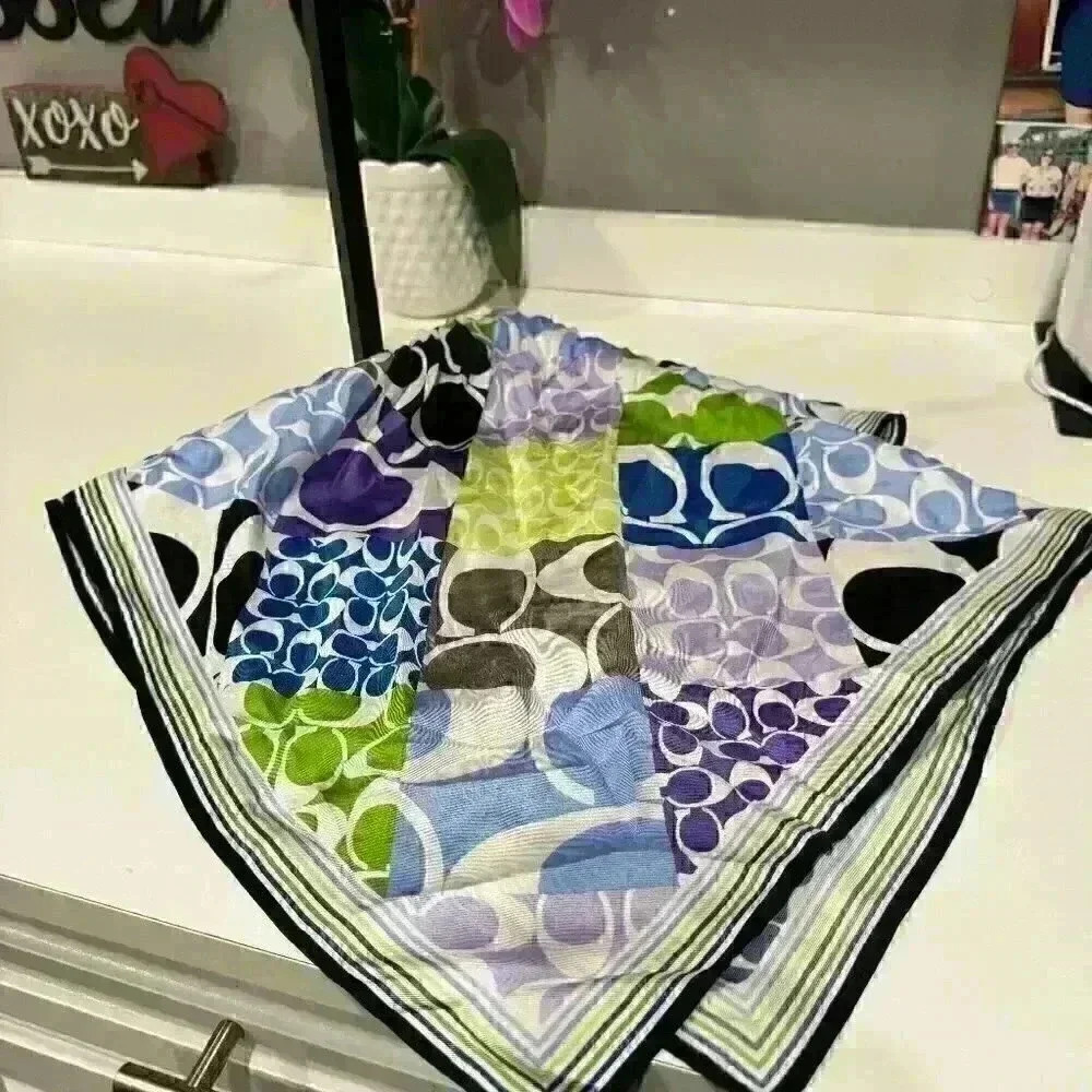 Coach 100% multi colored blue and green Silk scarf 21x21